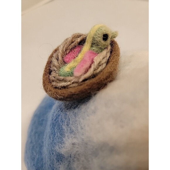 Felted Wool Bird House Nest Handmade Fiber Art Artist Wood Hanger Blue White - Picture 9 of 14